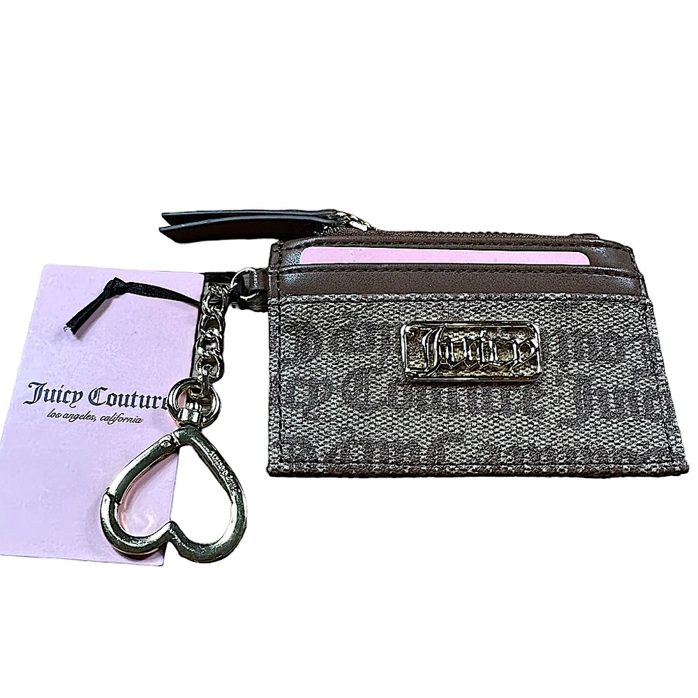 JUICY COUTURE : NWT Brown Leather Wallet Card Holder Keychain with Gold Logo